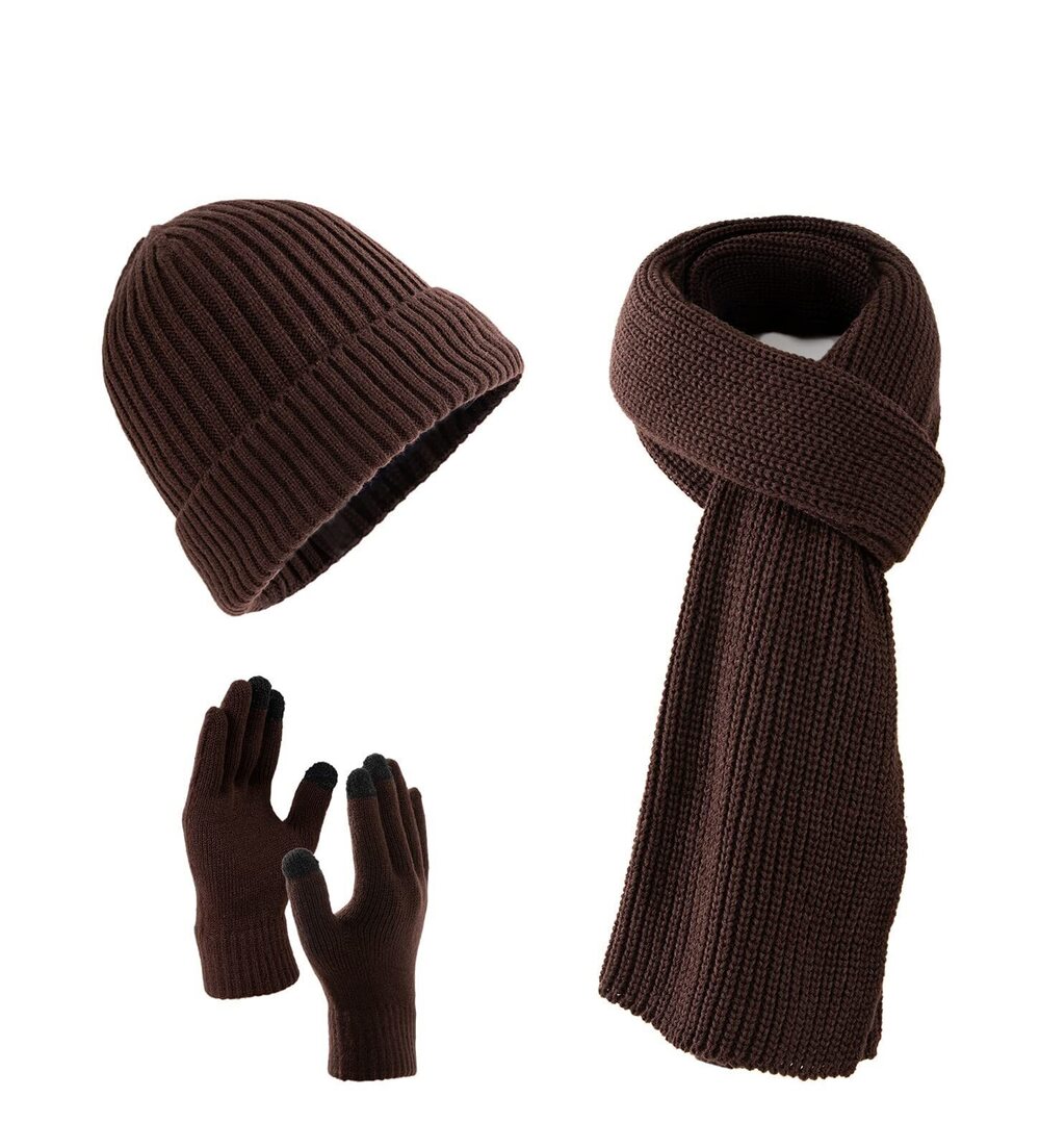 7187 Scarf Beanie Golves Set and with Gift Box Coffee